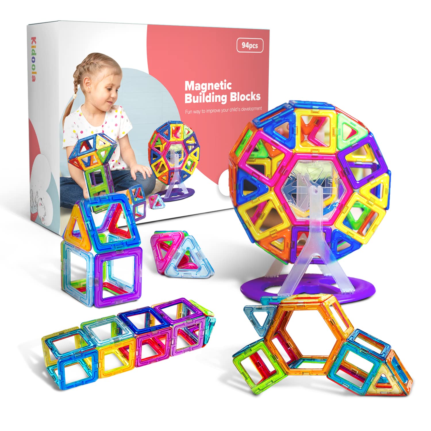 kidoola Magnetic Tiles Building Blocks Toy Set 94PCS – STEM Construction Magnet Jigsaw Blocks for Kids – Educational Montessori Learning Toy for Boys & Girls Age 3+