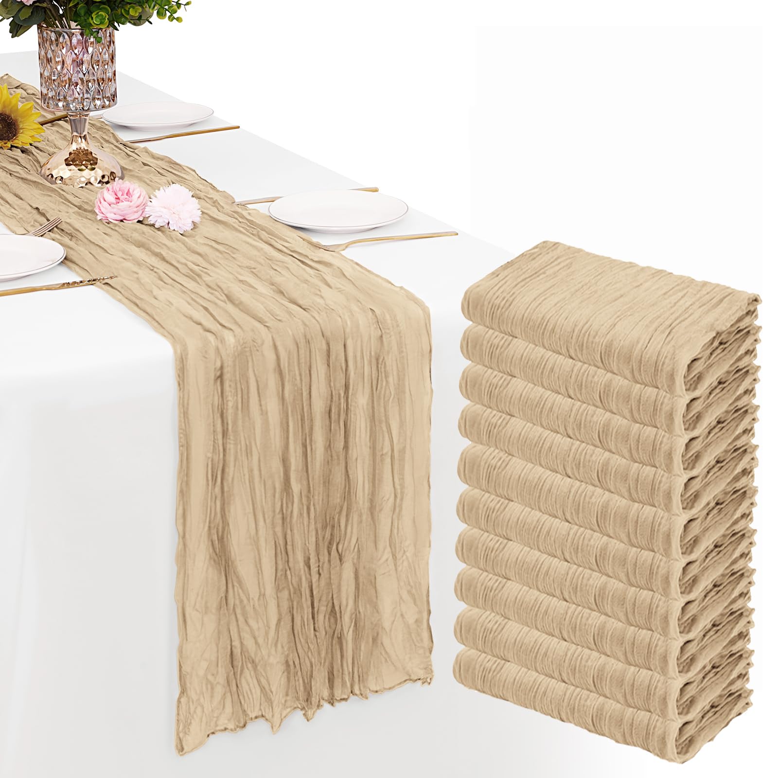 Photo 1 of 10 Pack Beige Cheesecloth Table Runner Gauze Rustic Sheer 35 x 70 inch Beige Cheese Cloth Table Runners for Wedding Party Bridal Shower Decor