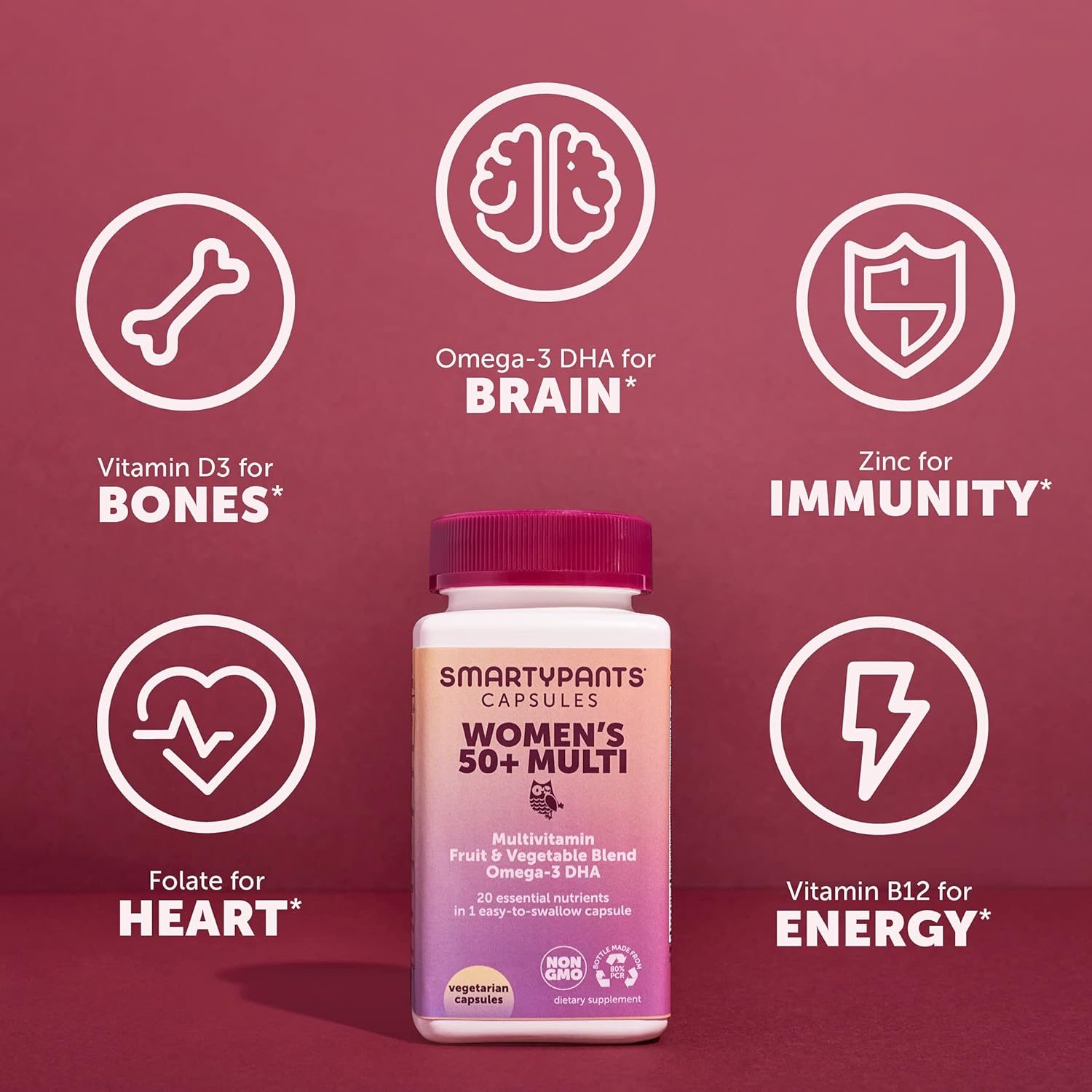SmartyPants Multivitamin for Women 50+; Omega-3 DHA; Zinc for Immunity; Vitamins D3, C, B6; Biotin, Folate; Vitamin B12 for Energy; Vitamin A for Eyes; Vegetarian (30 Day Supply): Health & Personal Care