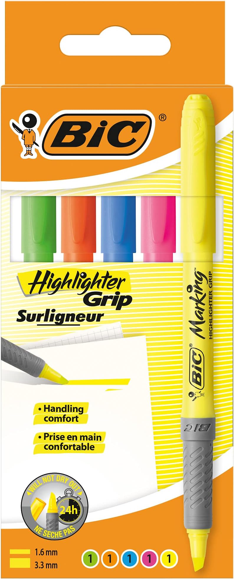 BIC Highlighter Grip 5 Assorted Colours Ribbed Nib Water-Based Ink