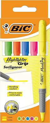 BIC Highlighter Grip 5 Assorted Colours Ribbed Nib Water-Based Ink