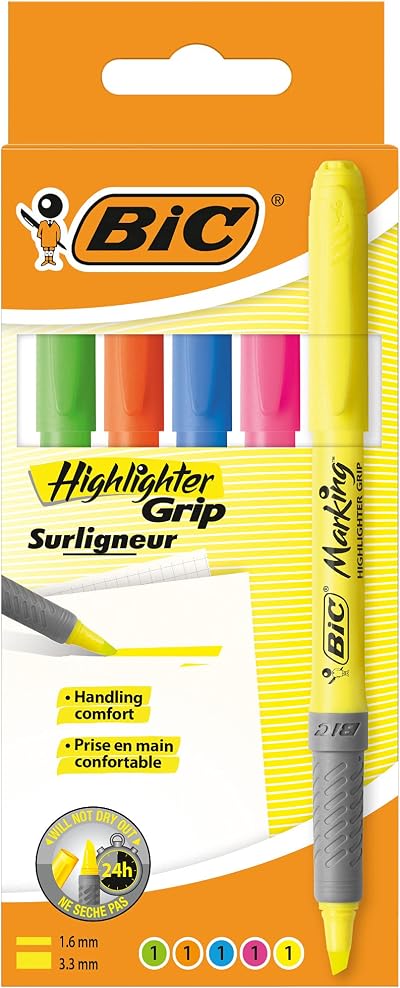 BIC Highlighter Grip 5 Assorted Colours Ribbed Nib Water-Based Ink