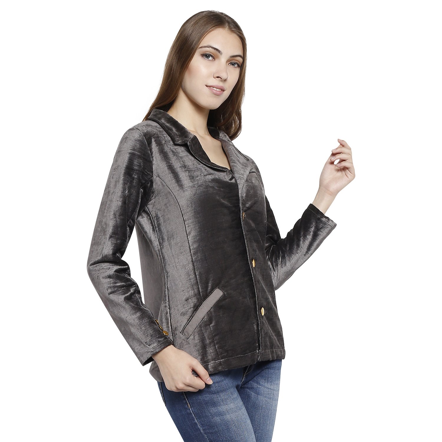 tuffstars women's solid full sleeve grey blazer with golden button
