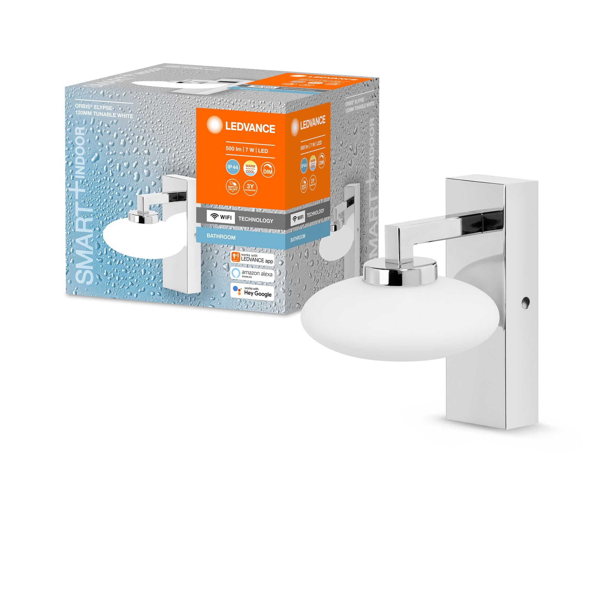 LEDVANCE Smart LED Bathroom Light Chrome, 7W, 500LM, 3000-6500K, 12cm, IP44, Orbis Elypse Wall Light, Bathroom Light with WiFi Technology, Dimmable, Controllable Via App and Voice Assistant