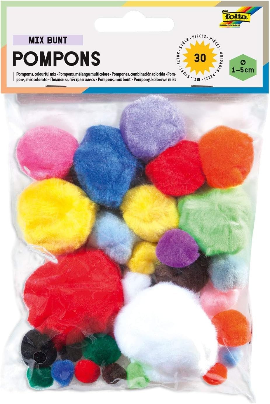 folia 50309 - Pompoms - Pack of 30 Assorted Sizes and Colours - Ideal for Colourful Crafts