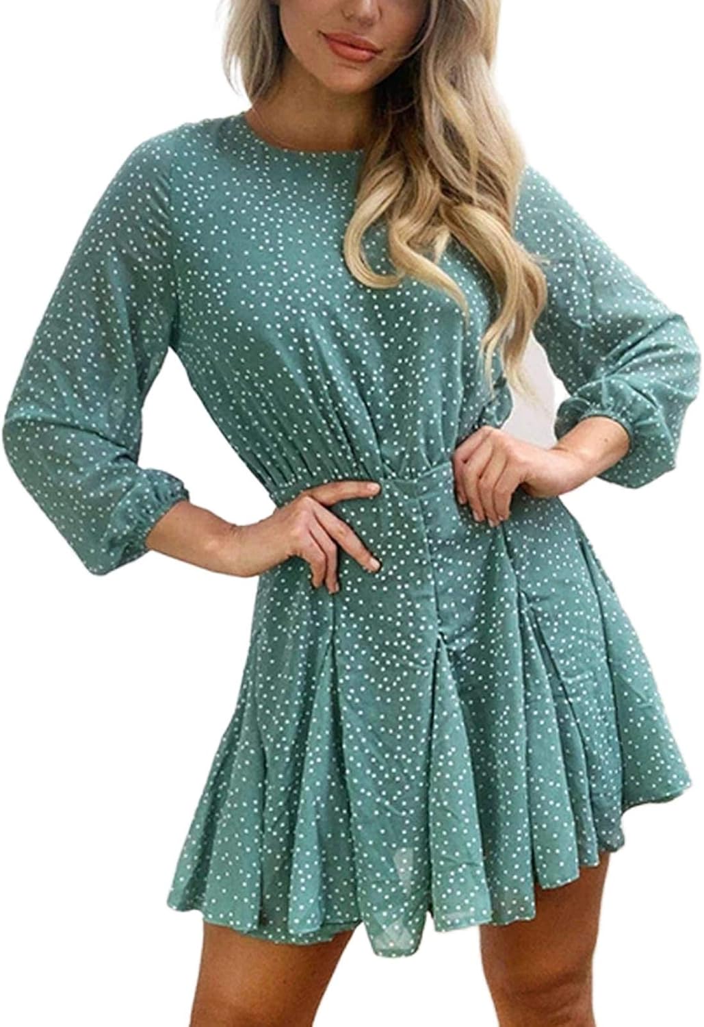 DRESSES Polka Dot Long Sleeve Dress Green Women Autumn Winter Long