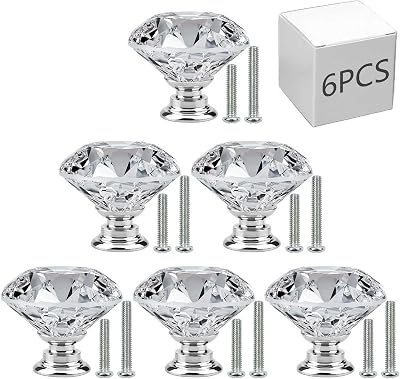 JIIDAA 6 Pack Crystal Glass Diamond Cabinet Knobs with 20/25mm Screws