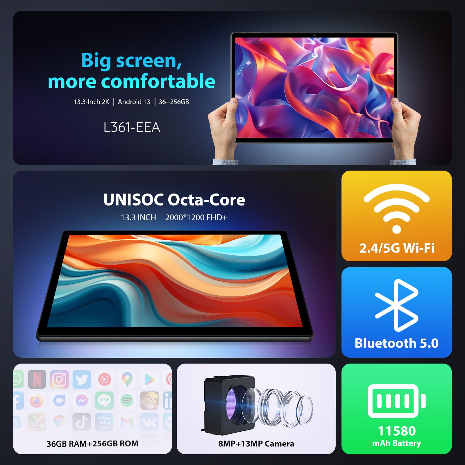 Mua LINROM 2K Tablet 13.3 INCH e 5G WiFi, INCELL 2000 * 1200, 11580mAh ...