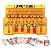 BOVIISKY Lockout Tagout Station with 11 Safety Padlocks, Hasps &amp; Tags | Wall-mounted LOTO station with cover, 11 keyed-different locks, 4 hasps, 40 tags and 40 ties for organized maintenance safety