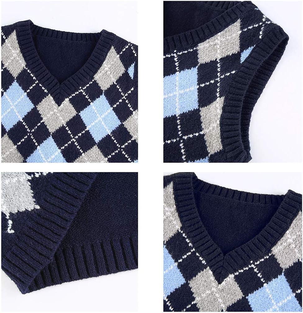Grneric Women Argyle Preppy Style Sweater Vest Sleeveless V Neck Knitwear Knit Tank Top at  Women’s Clothing store