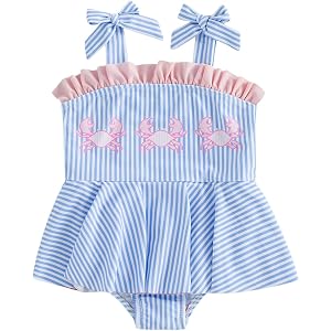 BULINGNA Infant Baby Girl One-Piece Swimsuit, Bow Straps Crab Print Striped Swim Dress Ruffled Bathing Suit Beach Swimwear