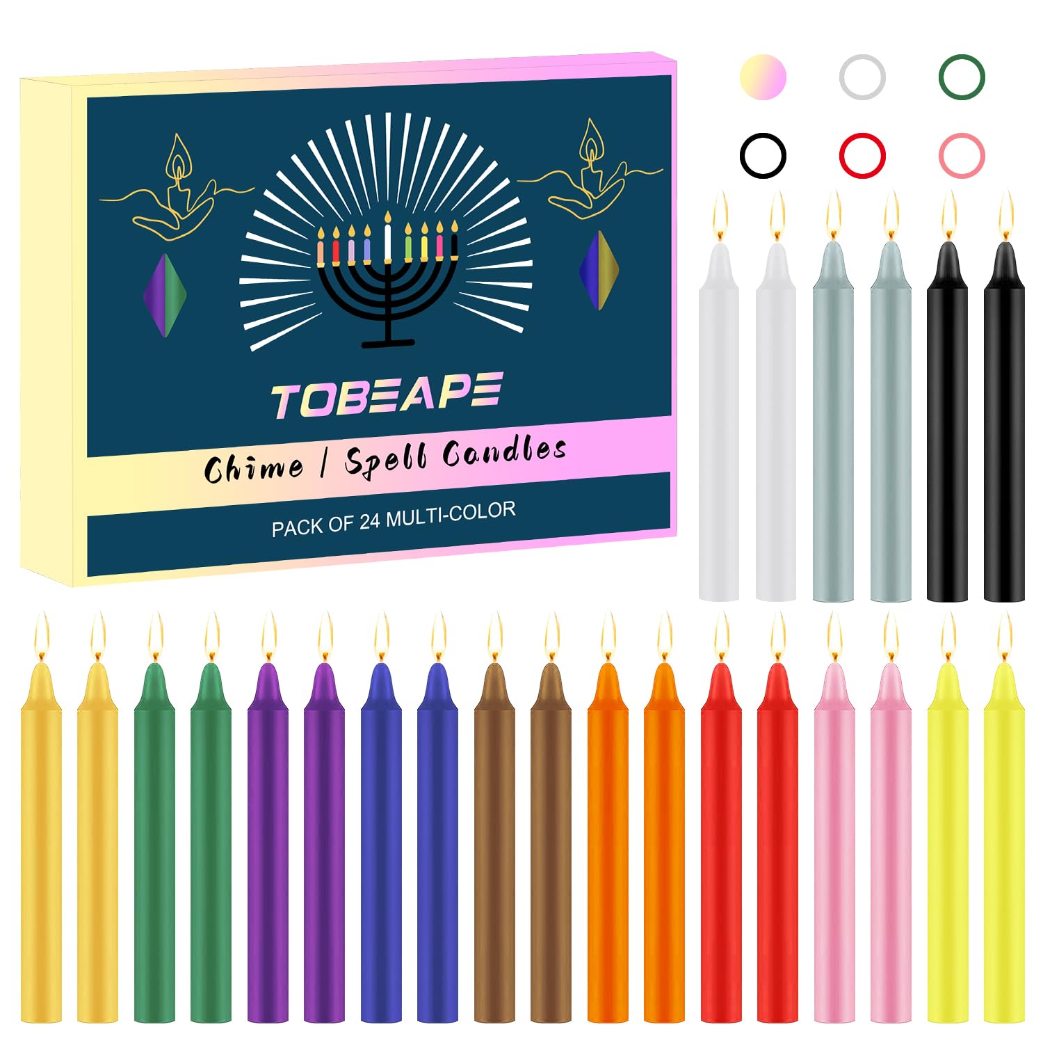 Tobeape Spell Chime Candles 24 pcs Coloured Candles, 4" Tall Unscented Mini Magic Taper Candle for Birthday Party, Home Decor, Witchcraft, Wiccan Altar, Rituals, Prayer, Meditation, Christmas, Pyramid
