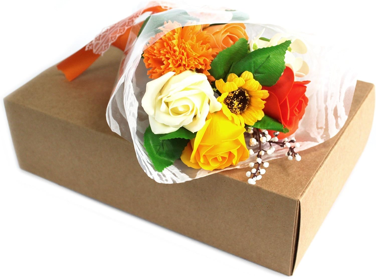 Boxed Soap Flower Bouquet - Orange - Approx 25x13x6cm - Image 3