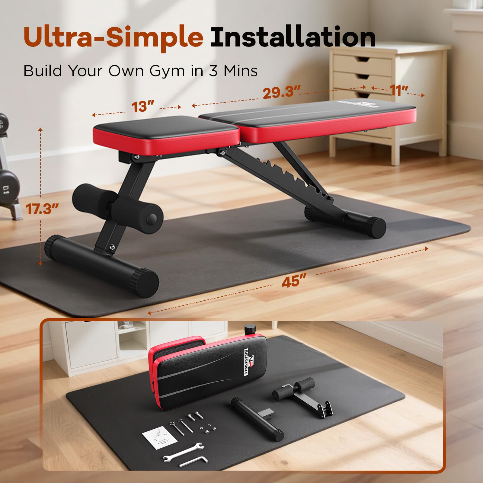 NICEPEOPLE Basic Weight Bench for Home Gym, 8 Backrests Adjustable Bench with 660LBS Weight Capacity for Chest Shoulders Arms Muscles, Foldable and Compact for Small Space Apartment Room