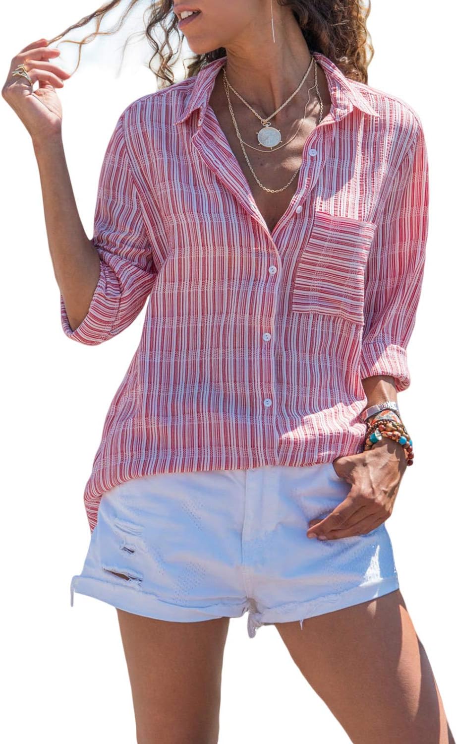 Ecrocoo Women V Neck Cuffed Long Sleeves Button Down Casual Chiffon T Shirt Blouse Soild Tops