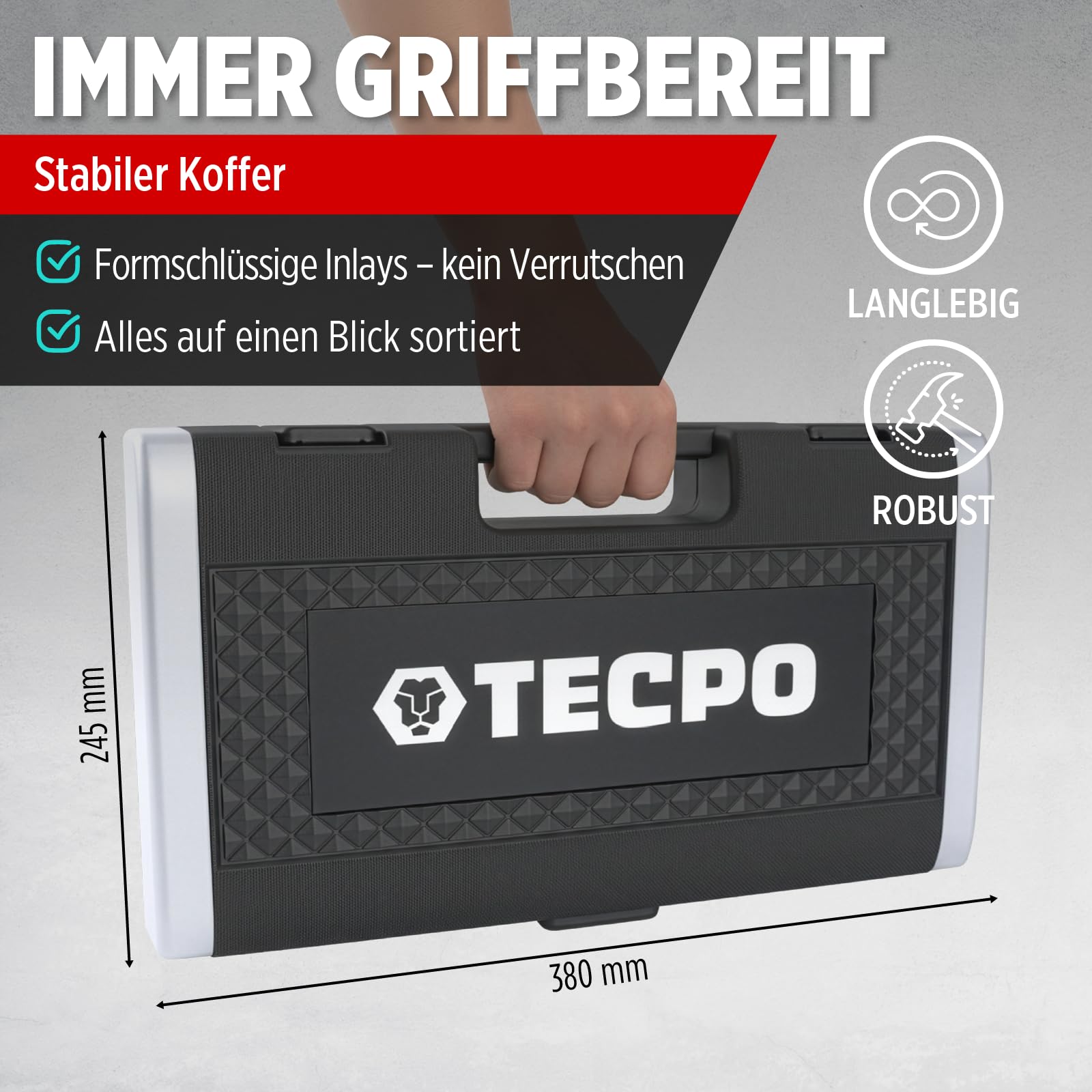 TECPO Zoll Steckschlüssel Satz 92-teilig Werkzeugkoffer mit Ringschlüssel und Maulschlüssel, Ratsche mit Nuss-Set Verlängerung Adapter, Innensechskant-Schlüssel, Ratschenkasten, Zöllig, Knarrenkasten 9