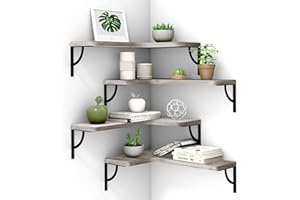 Canupdog Corner Floating Shelf Wall Mount 4 Tier Wood Floating Shelves, Easy-to-Assemble Tiered Wall Storage, Wall Organizer for Bedrooms, Bathrooms, Kitchens, Offices (Rustic White)