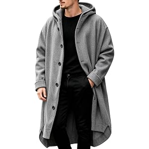 Fhstroonace Mens Hooded Long Coat Loose Fit Casual Button Jacket | Outerwear, Button Down, Everyday Wear, Long Sleeve, Fall W