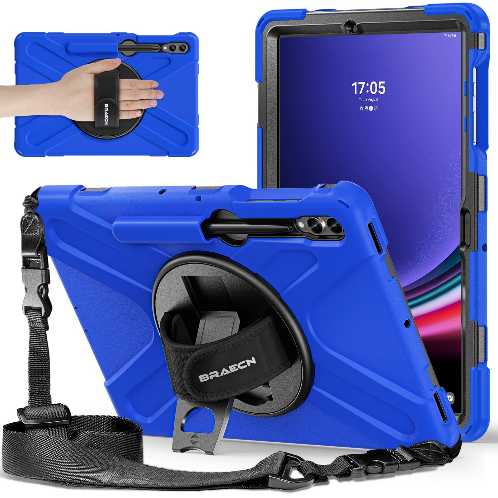 Photo 1 of BRAECNstock Case for Samsung Galaxy Tab S10+ Plus/ S9 FE+ Plus/ S9+ Plus/ S8+ Plus/ S7 FE/ S7+ Plus 5G 12.4 inch Shockproof Protective Kids Cover with Pen Holder Rotating Hand Strap & Stand - Blue