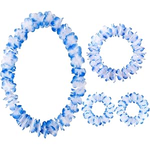 Suncalla 4 Pcs Hawaiian Leis Hawaiian Luau Flower Leis Necklace Headband Bracelets Set Ruffled Hula Aloha Flower Necklaces fo