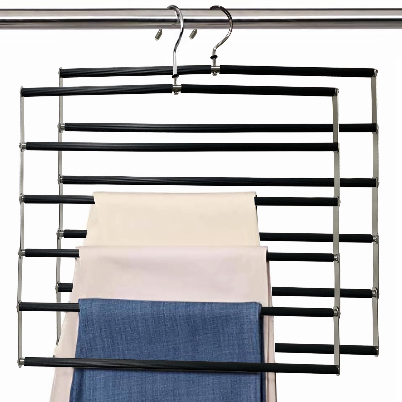 Loputon Trouser Hangers, Pack of 2 Trouser Hangers, Space-saving, Foldable Non-Slip Trouser Stand Made of Stainless Steel, Multifunctional Wardrobe Organiser, Offers Space for Multiple Trousers,