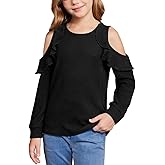Girls Fall Cold Shoulder Knit Shirts | Long Ruffle Sleeve Crew Neck Casual Cozy Pullover Top, 6–14 Years