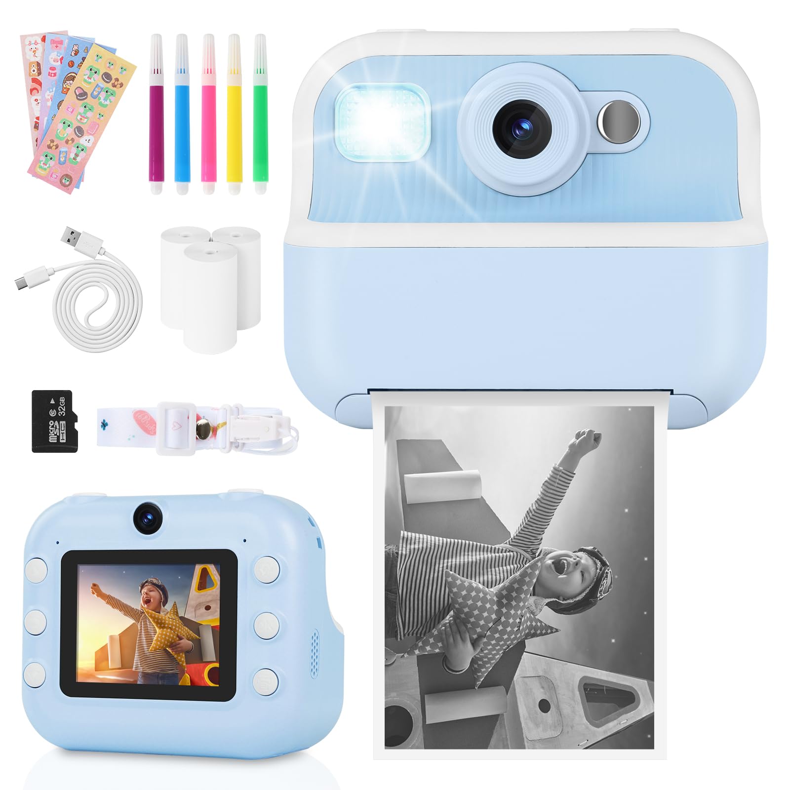 Kids Camera Camera Instant Print for Girls Boys With Print Photo Paper & Color Pens for DIY, Gifts for 3 4 5 6 7 8 9 10 Year Olds Girls Boys, 32Gb Sd Card -Blue