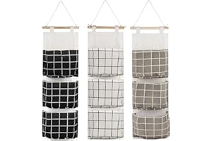 AUHOKY 3Pcs Wall Closet Hanging Storage Bag, Premium Linen Fabric Over The Door Organizer, Hanging Storage Pouches with 3 Pockets for Bedroom Bathroom - Waterproof & Stylish (Black/Gray/White)