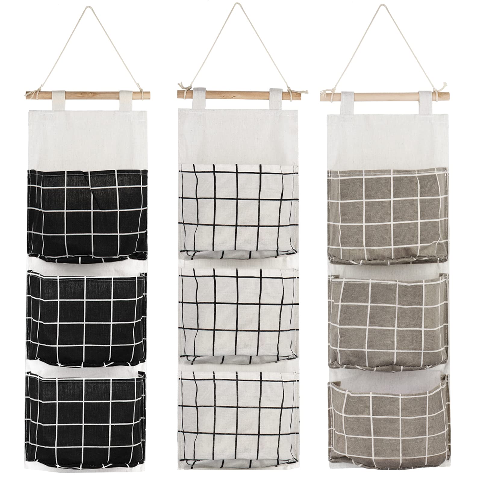 Photo 1 of AUHOKY 3Pcs Wall Closet Hanging Storage Bag, Premium Linen Fabric Over The Door Organizer, Hanging Storage Pouches with 3 Pockets for Bedroom Bathroom - Waterproof & Stylish (Black/Gray/White)