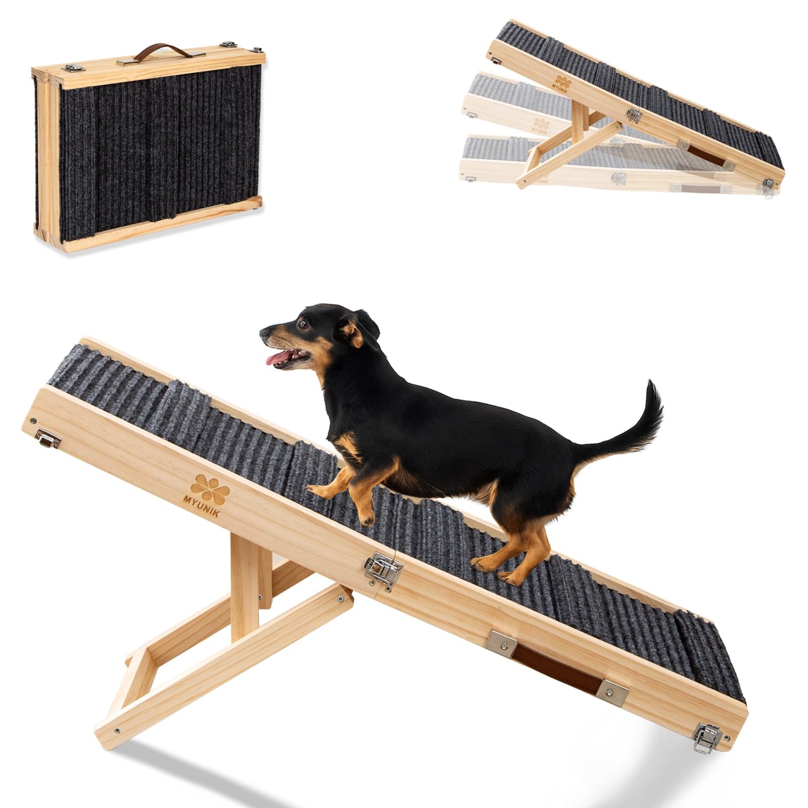 Photo 1 of Upgraded 2025 MYUNIK Adjustable Small Dog Ramp 34.65" Foldable Solid Wood Pet Small Ramp with 5 Heights 10–19.5", Non-Slip Carpet Handle Ramp for Bed Couch Sofa & Car