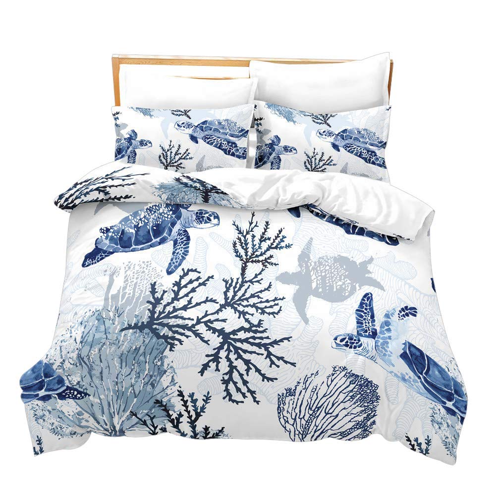 Loussiesd Turtle Duvet Cover Set Blue White Double Bedding Set Marine Life Sea Animals Print Comforter Cover Soft Microfiber Polyester Bedspread Cover with 2 Pillow Shams, Zipper, Ocean Theme — image 1