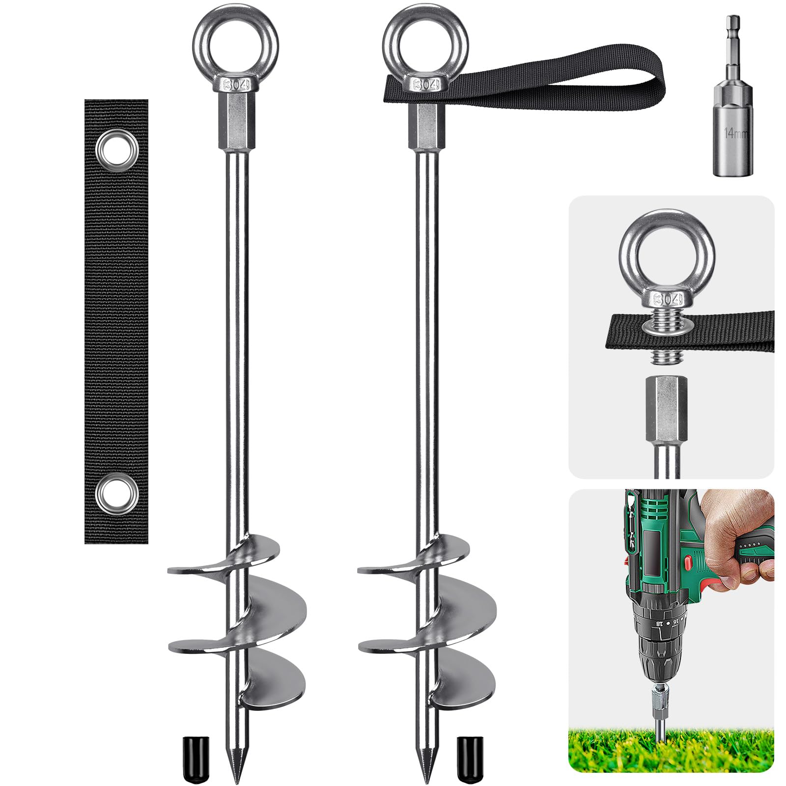 Insaga Ground Anchor with Straps and Adaptor Heavy Duty 45cm Tent Stakes Screw in Fully Welded Spiral Resist High Wind, Trampolines Anchor Kit for Camping/Swing Set/Shed/Carport,2 Pack