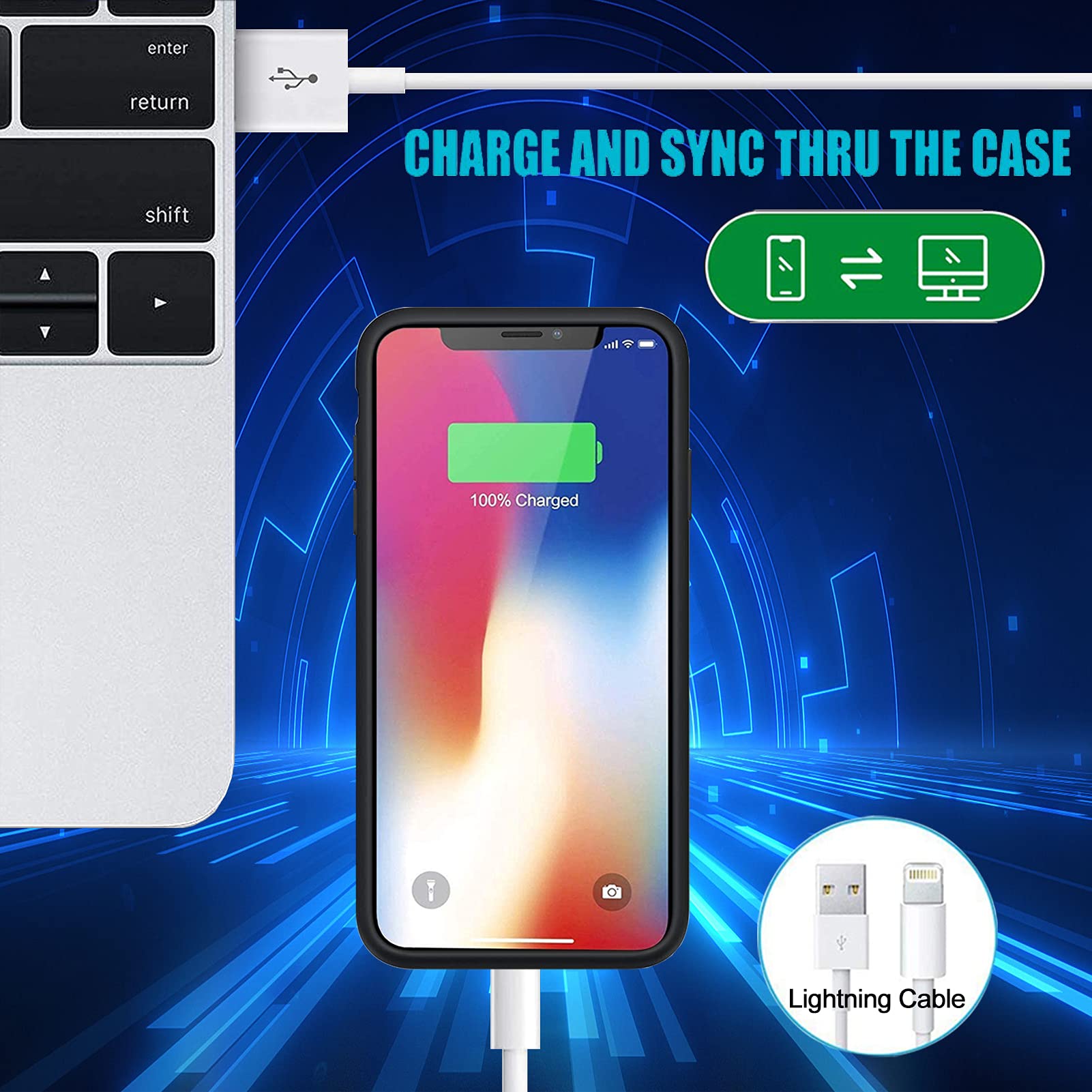 KCKEM Battery Case for iPhone X/XS, Upgraded 7000mAh Ultra-Slim Portable Rechargeable Extended Pack Charging Compatible with X/XS (5.8 inch) Power Bank Charger Cover & Carplay (Black) (FYT-A68)