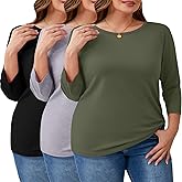 Ficerd 3 Pack Plus Size 3/4 Sleeve Tops for Women Round Neck T-Shirt Trendy Basic Tee Cozy Loose Blouse XL-5XL