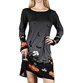 DANAZANA Halloween Skeleton Dress for Women Long Sleeves Funny Stretchy Midi Dresses S-XXL