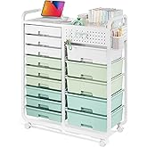 Rolling Storage Cart with 14 Drawers, Storage Organizer Cart with Tabletop and Pegboard,Utility Cart for Living Room, Classroom, Bedroom,Bathroom,Dorm,Office (Green)