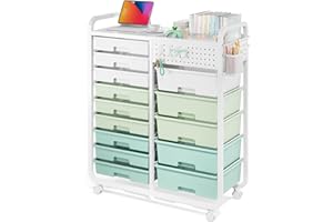APEXCHASER Rolling Storage Cart with 14 Drawers, Storage Organizer Cart with Tabletop and Pegboard,Utility Cart for Living Room, Classroom, Bedroom,Bathroom,Dorm,Office (Green)