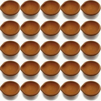 Divinehouse Earthen Diwali Diya Set of 25 + Free 50 Diya Batti Traditional Ecofriendly Handmade Natural Clay Oil Lamps