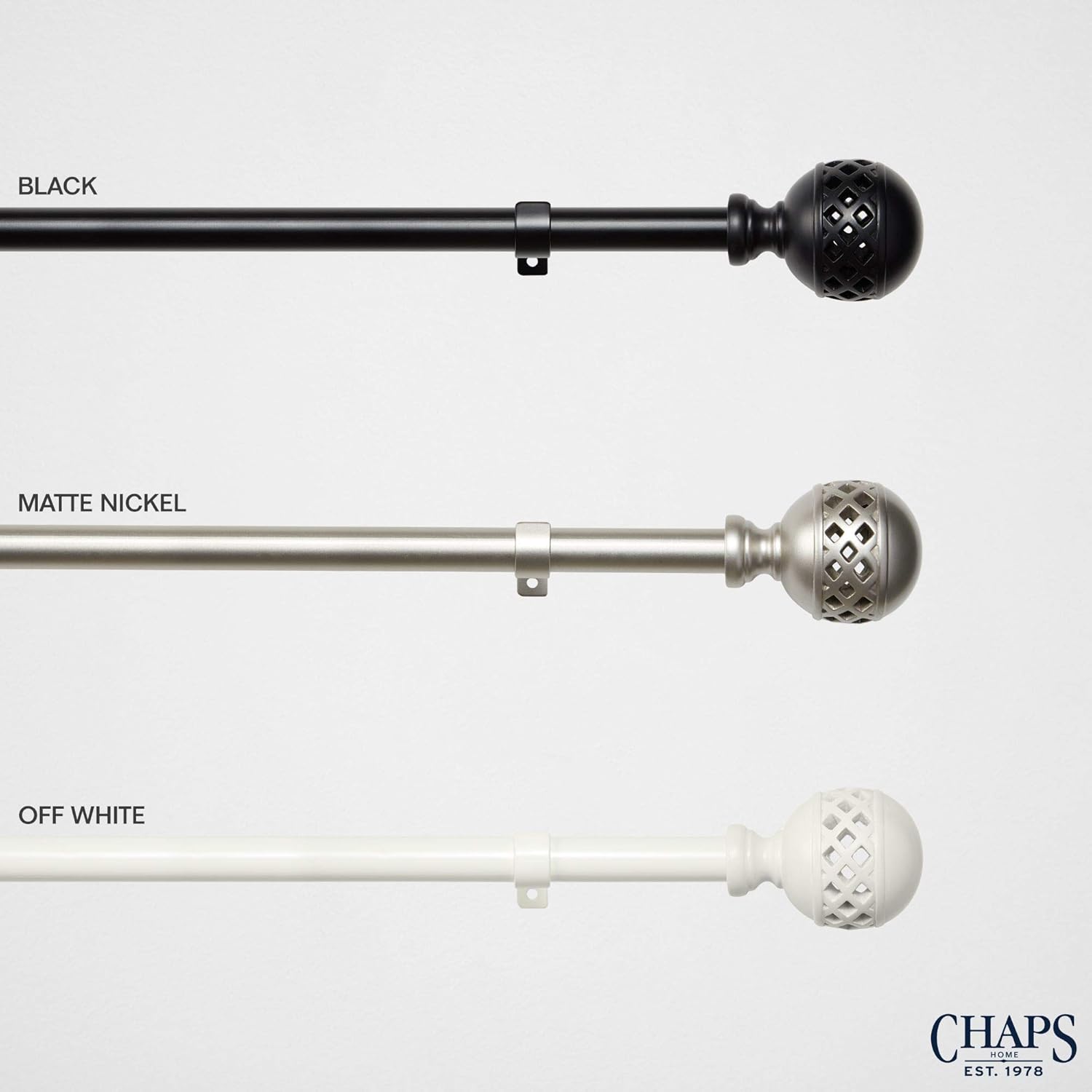 Chaps Lattice 3/4” Diameter Window Curtain Rod and Polyresin Finial Set, 66"-120", Off White: Home & Kitchen