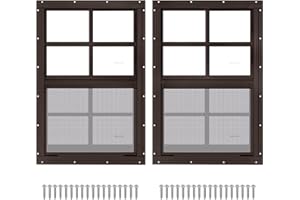 LINGRINGDCY 2 Pack 14" x 21" Brown Shed Window with Tempered Glass and Fiberglass Screen Household Sliding Windows with Screws for Shed, Chicken Coop, Playhouse, Garage and Barns