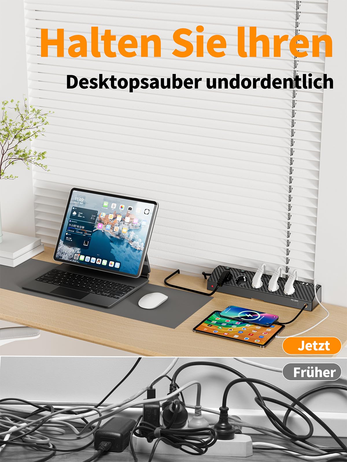 Tischsteckdose Steckdosenleiste mit 2 USB C (PD 30W), PASSUS 5 Fach Mehrfachsteckdose Schreibtisch mit Überspannungsschutz & Einzeln Schaltbar, 10-in-1 Ecksteckdose mit 2M Kabel für Büro, Schwarz 5