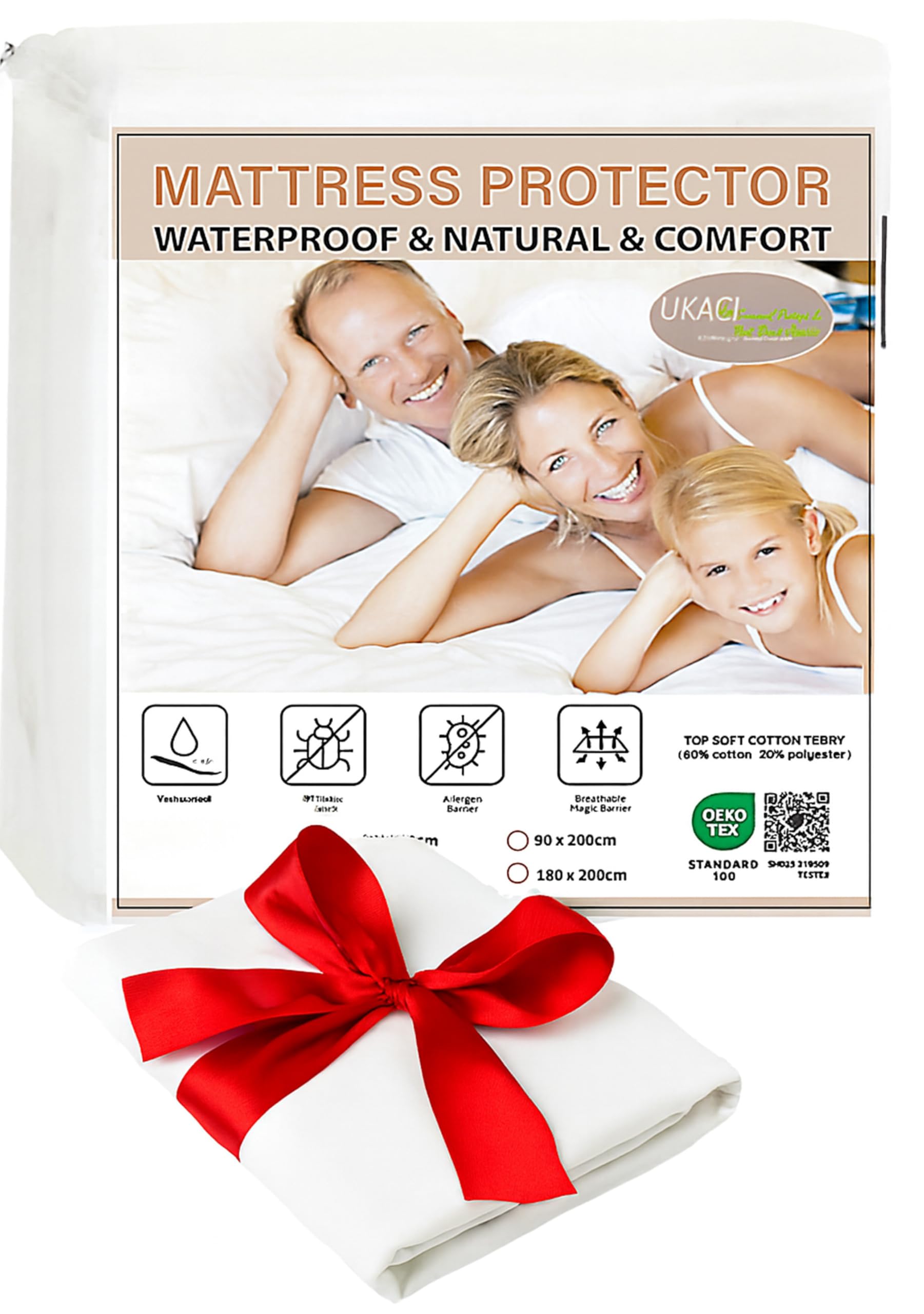 Ukaci 1 Waterproof Mattress Protector (90 x 190 + 25 cm, Bamboo+Sponge + TPU) Waterproof Mattress Cover Anti-Caries Anti-Allergenic, Waterproof Fitted Sheet