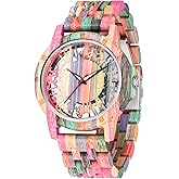 Tiong Men's Wooden Quartz Watch, Handmade Colorful Butterfly Pattern Dial, Adjustable Strap Watch for Men