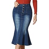 Allegra K Denim Skirt for Women's Washed High Waisted Fishtail Midi Jean Skirts