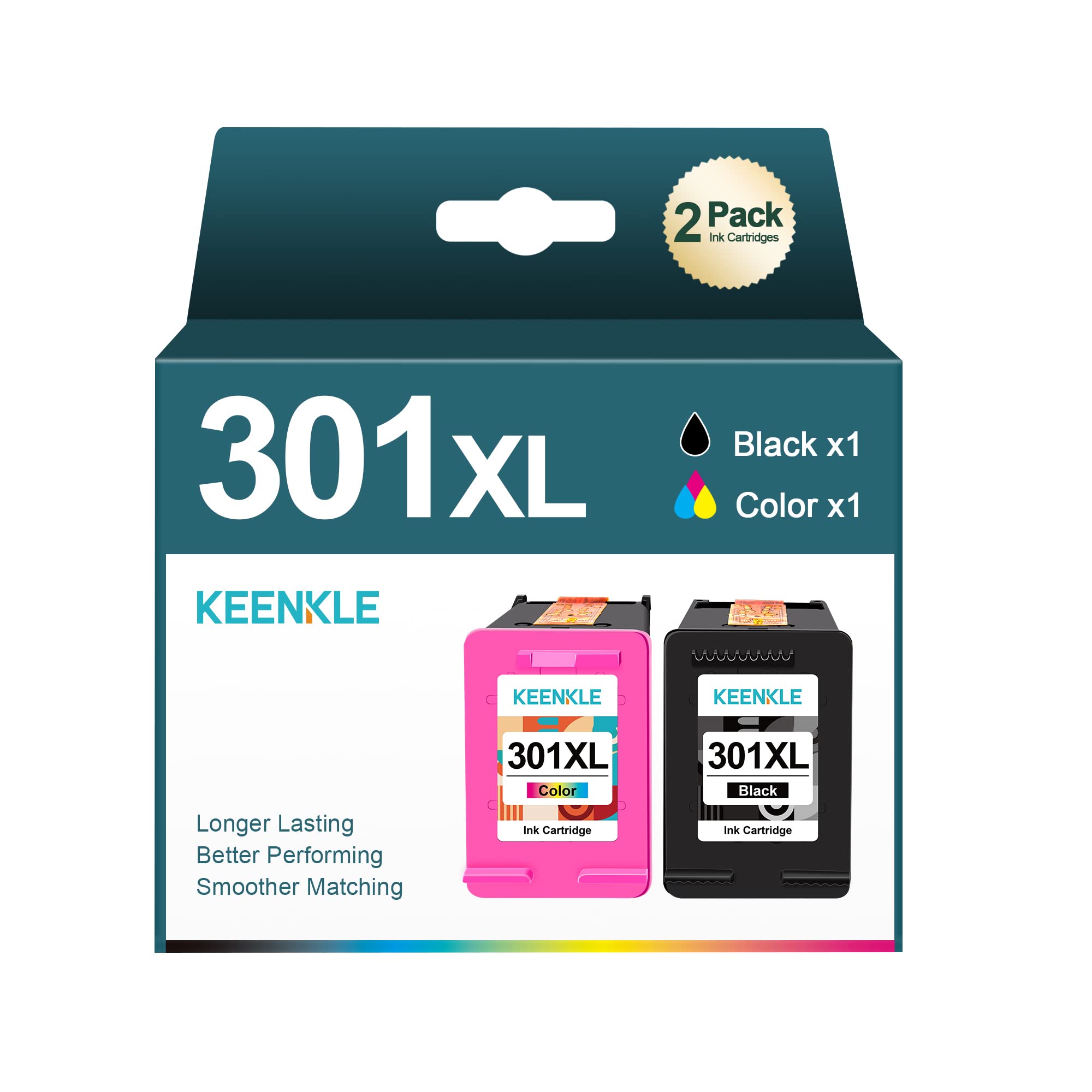 KEENKLE 301XL Ink Cartridges High Yield Replacement for HP 301XL for Envy 4500 4501 4502 4503 4504 4505 OfficeJet 2620 2622 2624 4630 DeskJet 1510 2542 2543 2544 2545 (2-Pack Black, Colour)