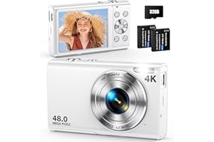 ANTEAM Digital Camera, Autofocus 48MP UHD 4K Vlogging Camera 16X Digital Zoom, Portable Compact Point and Shoot Digital Camera for Teens Adult Beginner with 32GB Card, 2 Batteries, Lanyard(White)