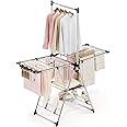 APEXCHASER Clothes Drying Rack with High Hanger, Foldable 3-Level Drying Racks with Shoe Rack, Crossbar and Vertical Rod Laundry Stand with Adjustable Wings Silver