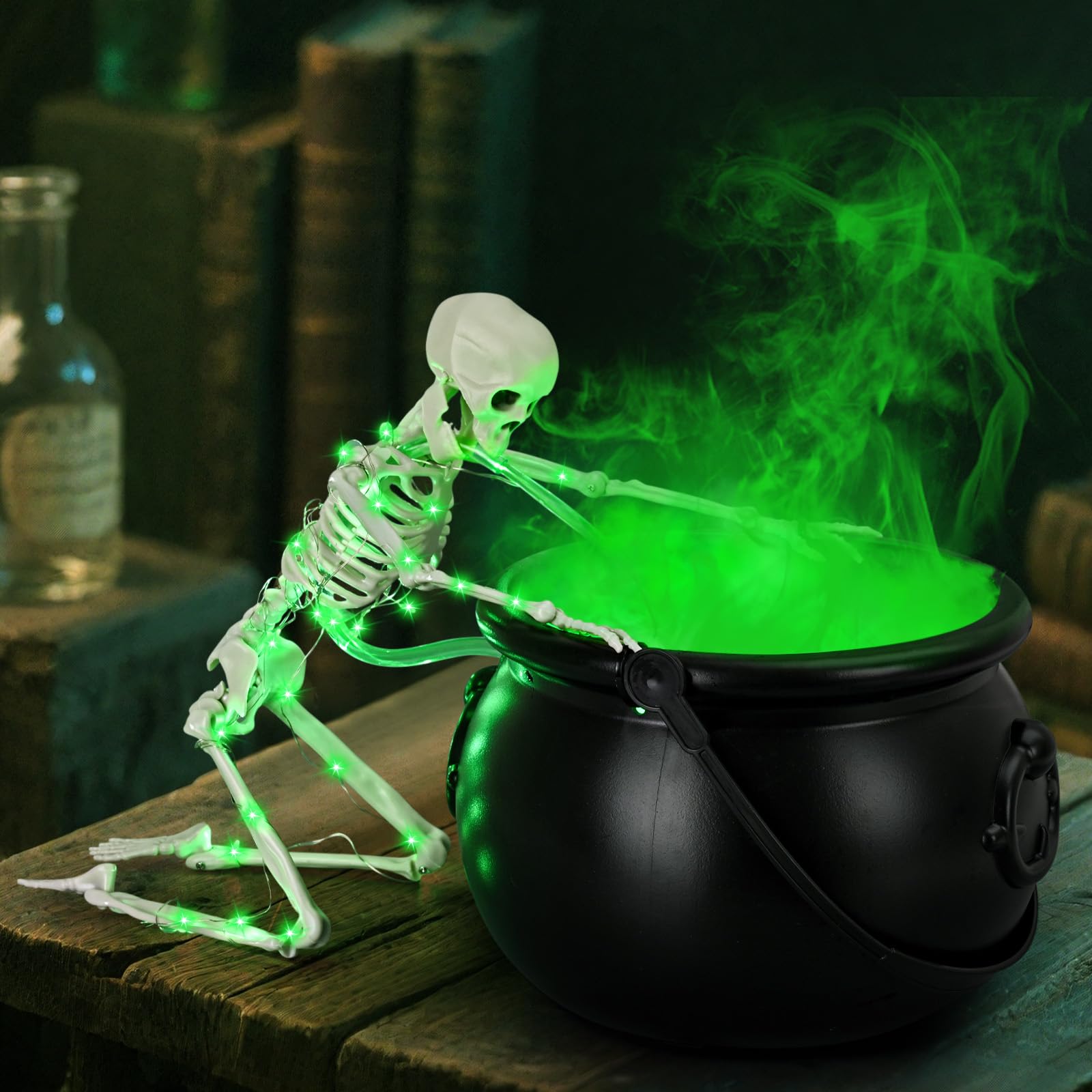 Photo 1 of Halloween Decorations Indoor, Cauldron Halloween Decor with Puking Skeleton, Black Plastic Witches Cauldron Fog Maker Mist Diffuser Green Light Water Free DIY Skeleton for Party Home Table Decor