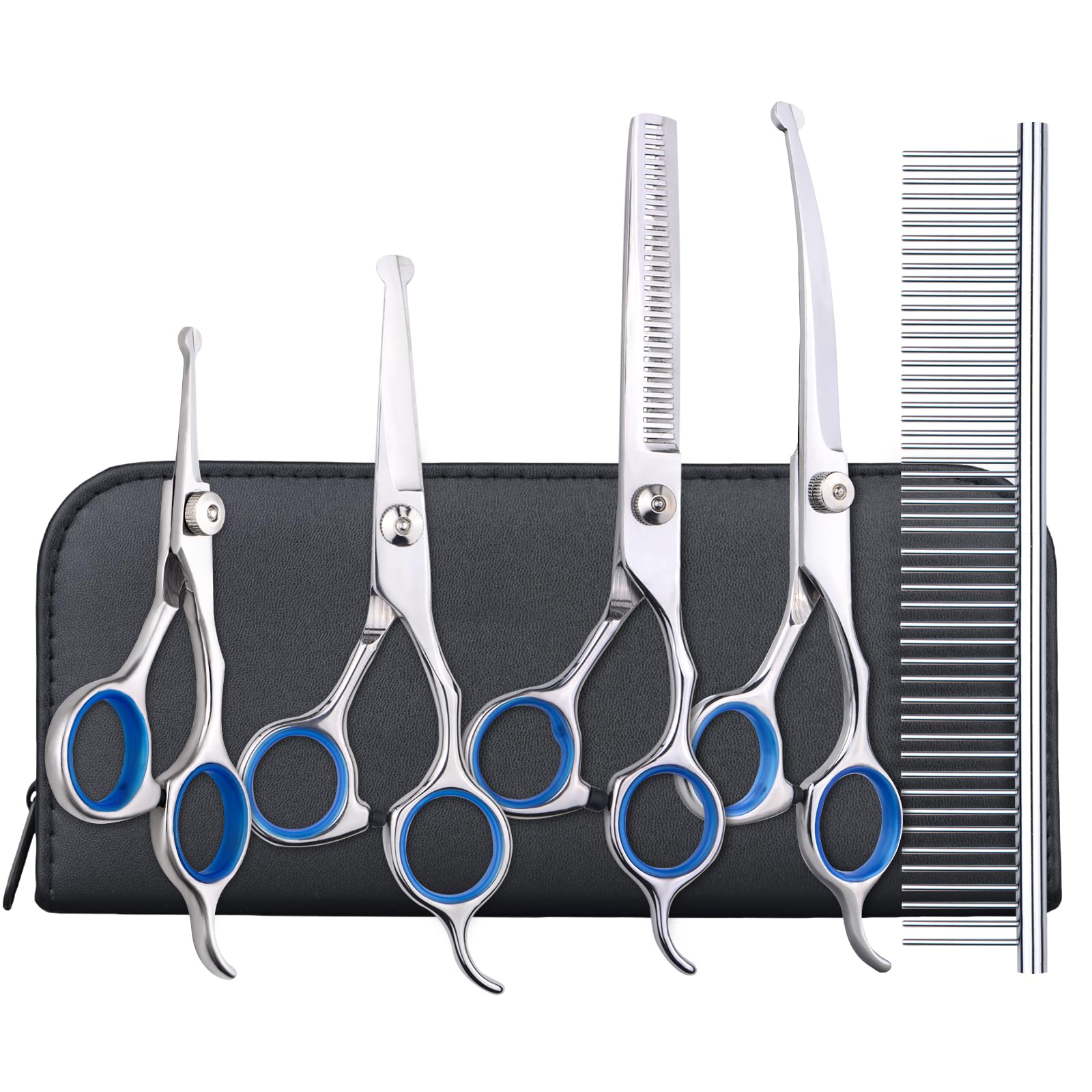 EVERESTA Dog Grooming Scissors with Safety Round Tips, Heavy Duty Titanium Pet Grooming Trimmer Kit, Professional Thinning Shears, Straight Scissors with Comb for Dogs and Cats (Set of 5)