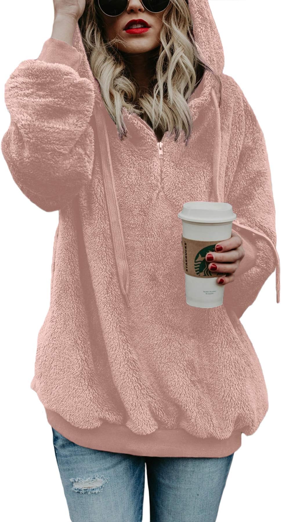 AcelittWomens Oversized Fuzzy Fleece Sweatshirts with Pockets,S-XXL
